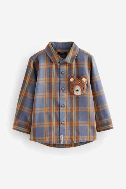 NEXT kids plaid shirt with bear applique pocket patch, long sleeves, button front