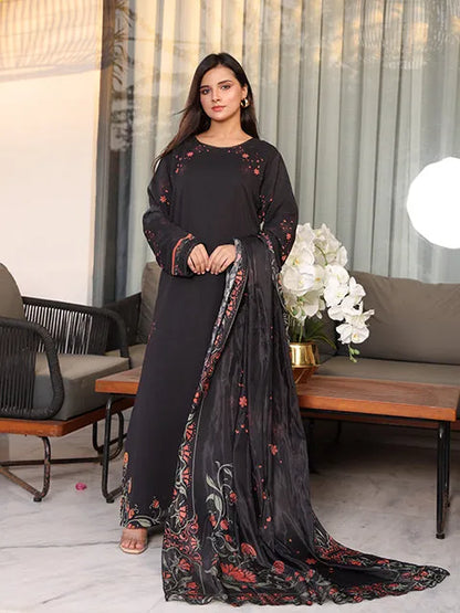 Nazmina black long dress with floral embroidery and printed dupatta border