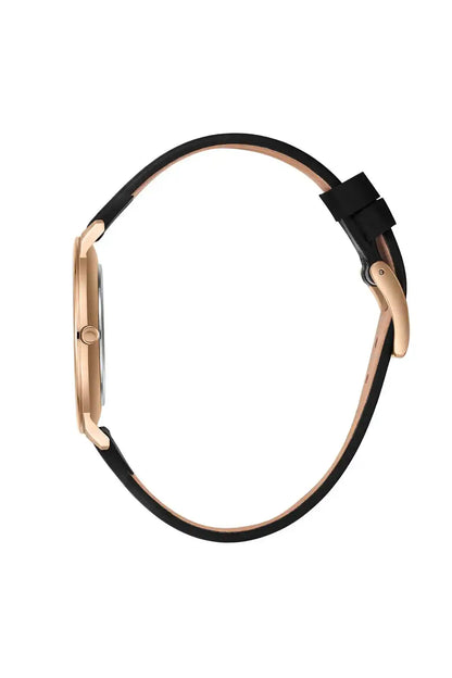 Watch case and black leather strap with rose-gold sides; face not visible