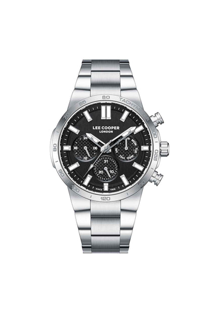 Lee Cooper stainless steel chronograph watch with black dial and silver bracelet