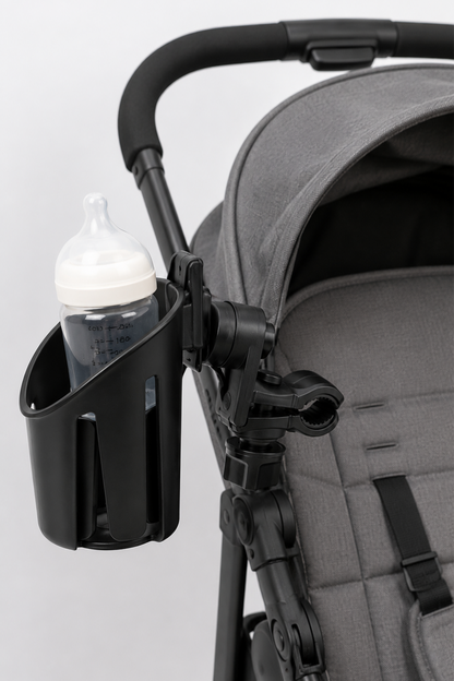 Black stroller cup holder attached to a gray pushchair.