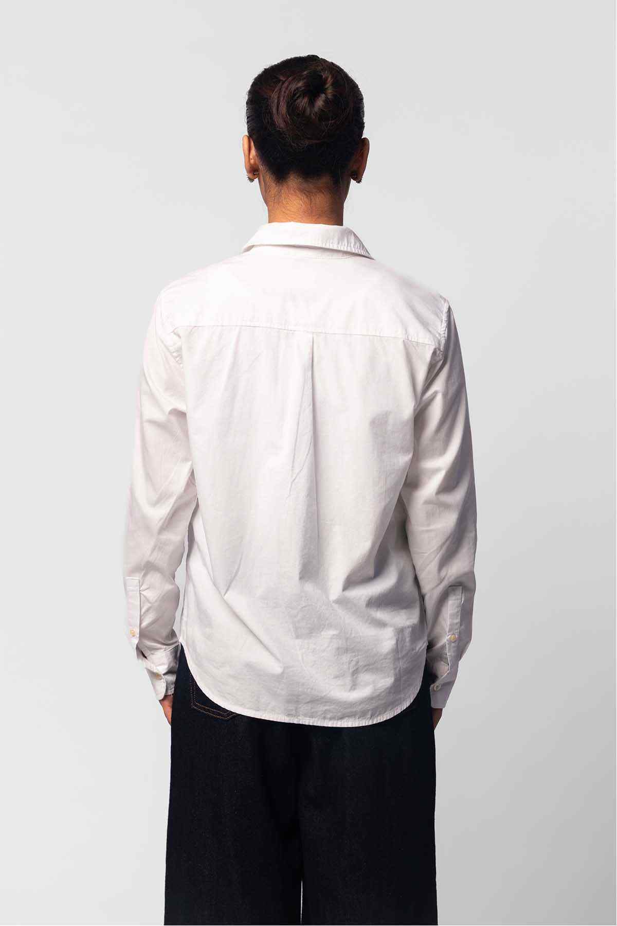 White button-up shirt back view, long sleeves and pointed collar