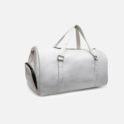 White duffel bag with side zipper pocket and adjustable shoulder strap