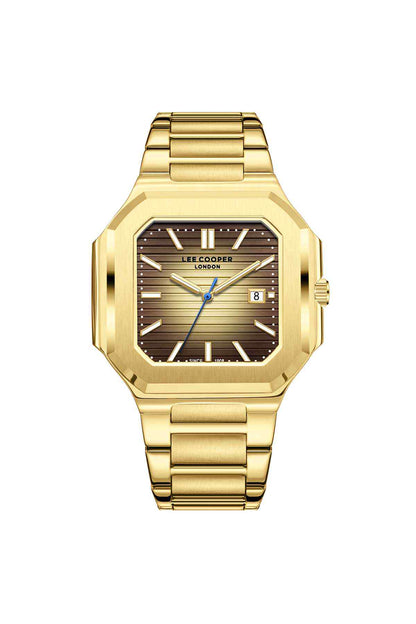 Lee Cooper gold wristwatch with dark dial, octagonal case and metal bracelet