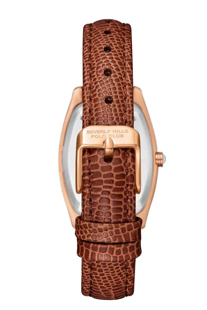 BHPC rose-gold wristwatch from side with brown patterned leather strap