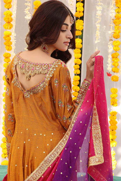 Orange embroidered maxi dress with open back detail and red-pink dupatta