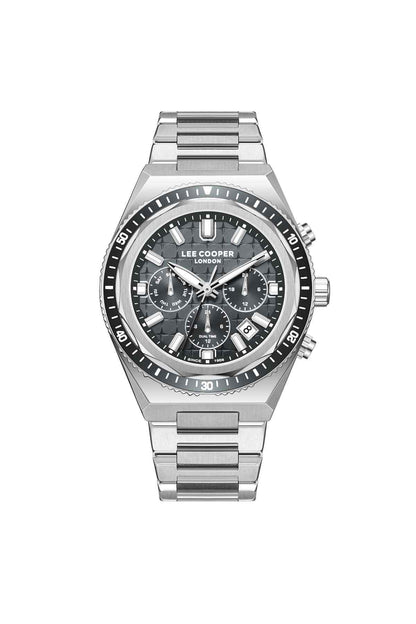 Lee Cooper silver wristwatch with black dial, chronograph subdials, metal bracelet