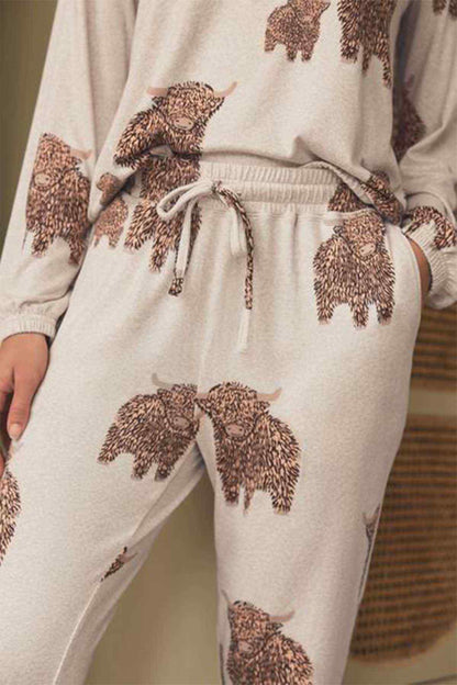Oatmeal pajama pants waist with drawstring and allover dog print