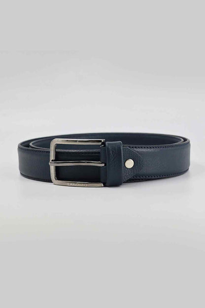 Dark blue leather belt with rectangular silver buckle