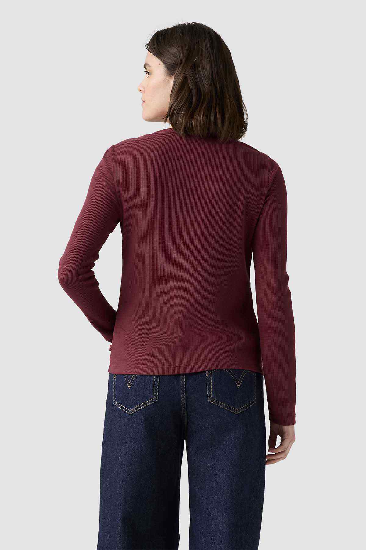 Levi's burgundy long-sleeve henley top, back view