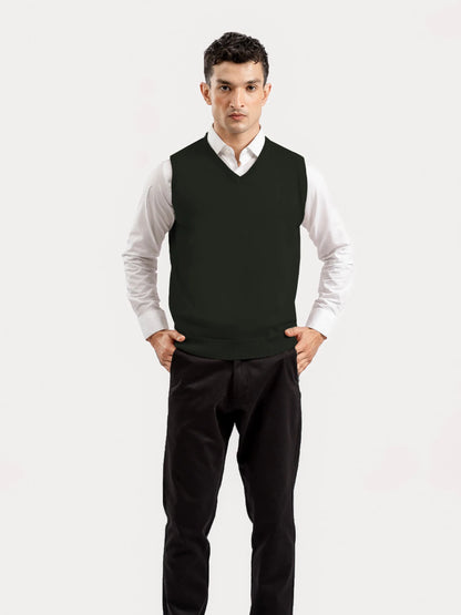 Men's olive cotton V-neck sleeveless vest with clean straight hem