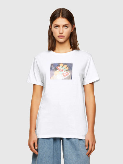 White crew-neck T-shirt with colorful front graphic print