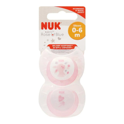 NUK Rose & Blue silicone pacifiers, pink, 0–6 months, in blister pack