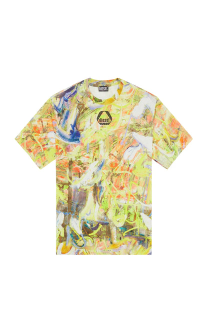 Diesel men’s crew-neck graphic T-shirt with multicolor abstract pattern