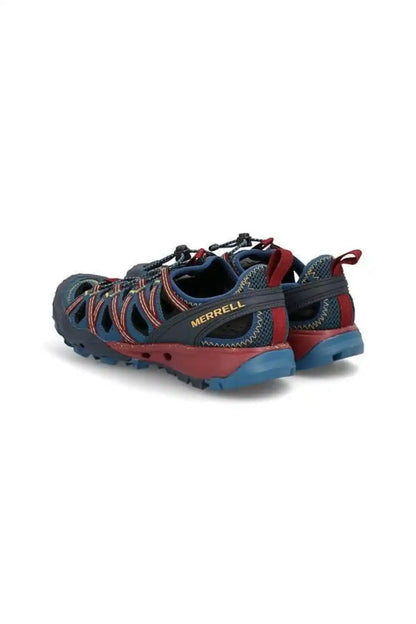 Merrell trail shoes with lace-up closure and red heel panel, rear 3/4 view