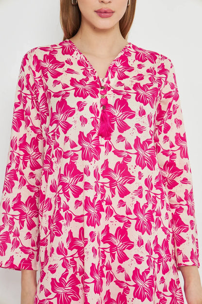 Pink floral V-neck long-sleeve dress with button front