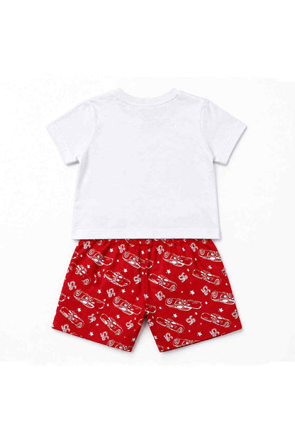 Kids' white plain T-shirt and red character shorts set, back view