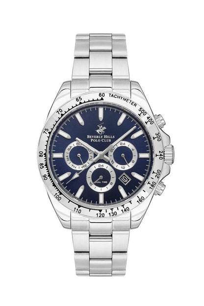 Silver metal wristwatch with blue dial, tachymeter bezel, three subdials, linked bracelet