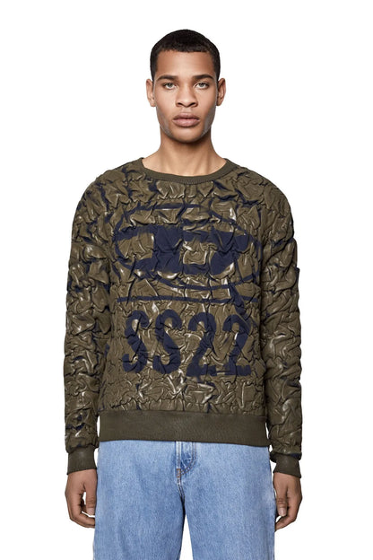 Diesel crewneck sweatshirt in olive with blue graphic text S6222, ribbed cuffs and hem