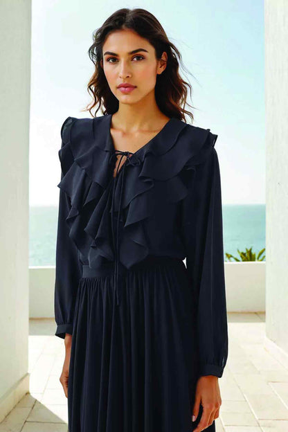 Splash black ruffle-front midi dress with long sleeves and gathered skirt