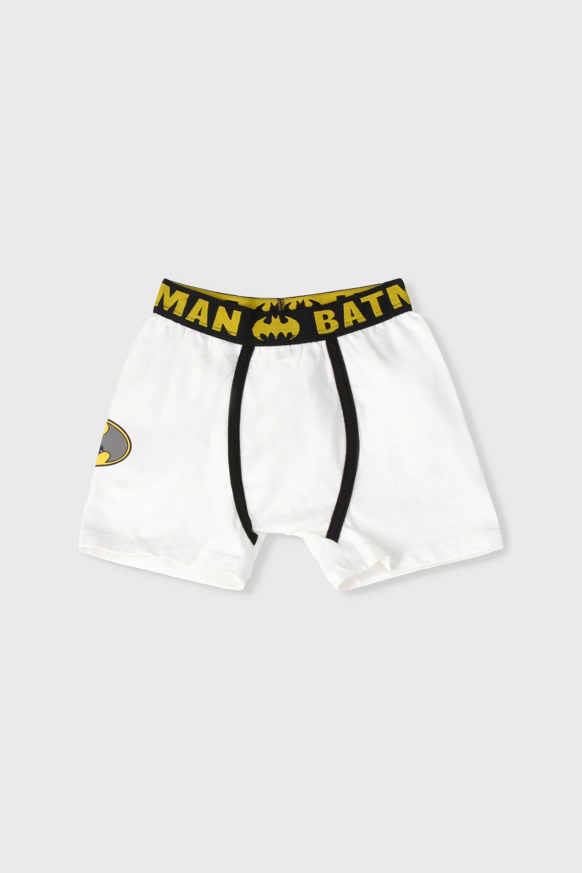 White Batman boxer shorts with black waistband trim and bat symbol