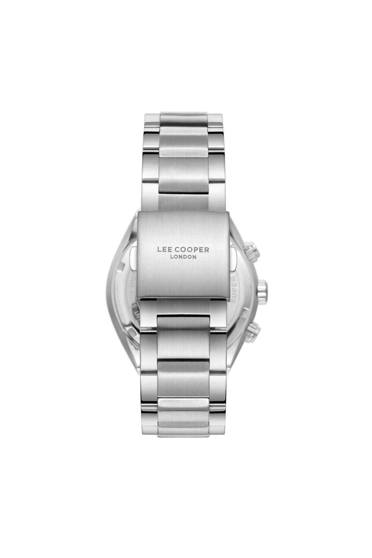 Lee Cooper silver metal wristwatch back view, logo on clasp and side pushers