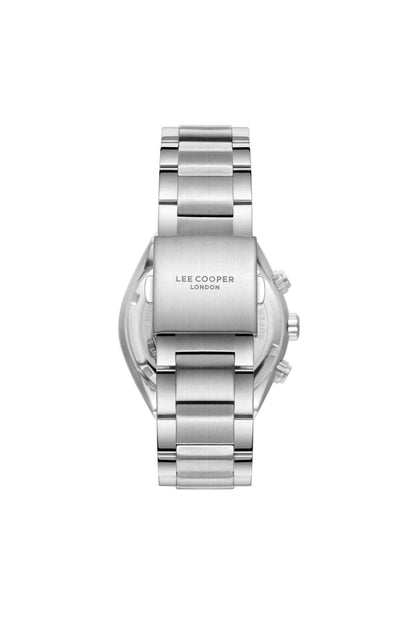 Lee Cooper silver metal wristwatch back view, logo on clasp and side pushers