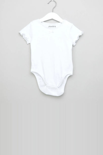 White baby bodysuit with short flutter sleeves, snap-button bottom