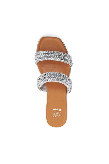 Dune London embellished flat sandals, open toe, glittery strap and tan footbed