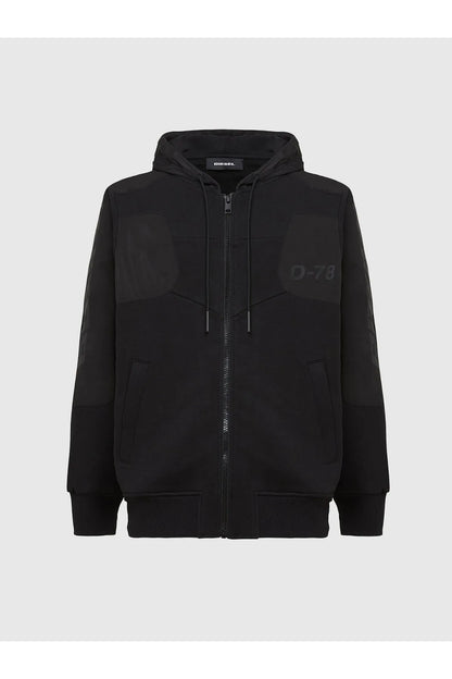 Diesel black zip-front hooded jacket with drawstrings and D-78 chest graphic