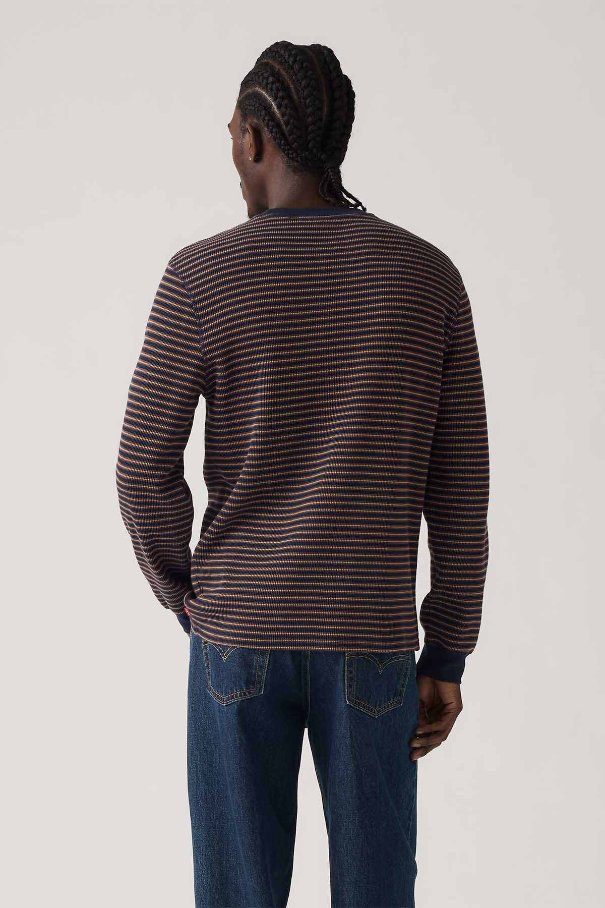 Men's crewneck long-sleeve striped shirt, back view; ribbed cuffs, brown and dark