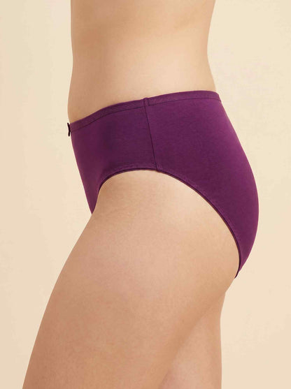 Women's purple hipster briefs, side view with low-rise waistband and leg openings