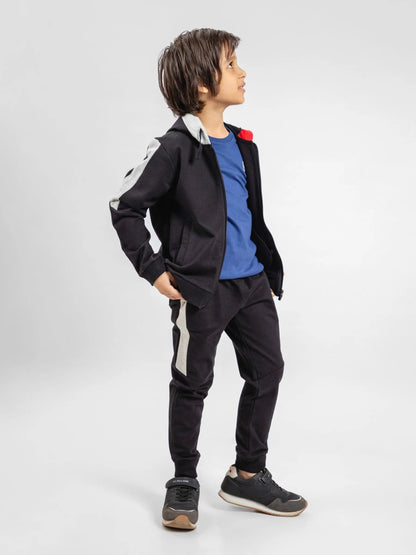 Black 100% cotton kids tracksuit: zip hoodie with red accents and matching pants