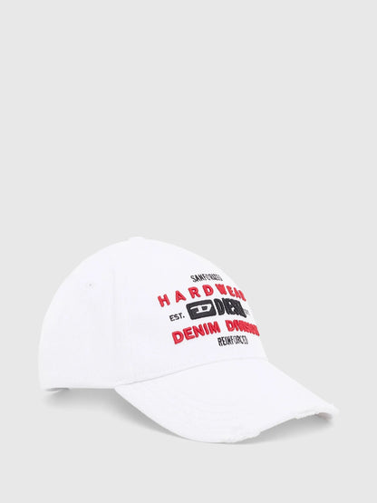 White baseball cap with red and black "Hardwear" "Denim Division" text on front