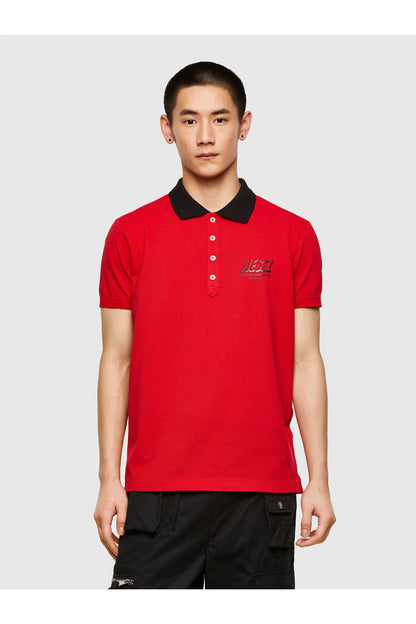 Diesel red polo shirt with black collar, button placket, front logo embroidery