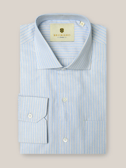 Brumano blue striped dress shirt with button front and adjustable cuffs