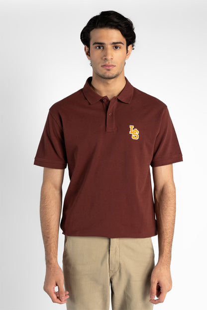 Maroon short-sleeve polo shirt with button placket and yellow chest logo