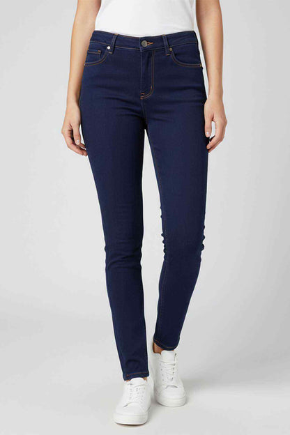 Navy blue skinny jeans with five pockets, button and zip fly, contrast stitching