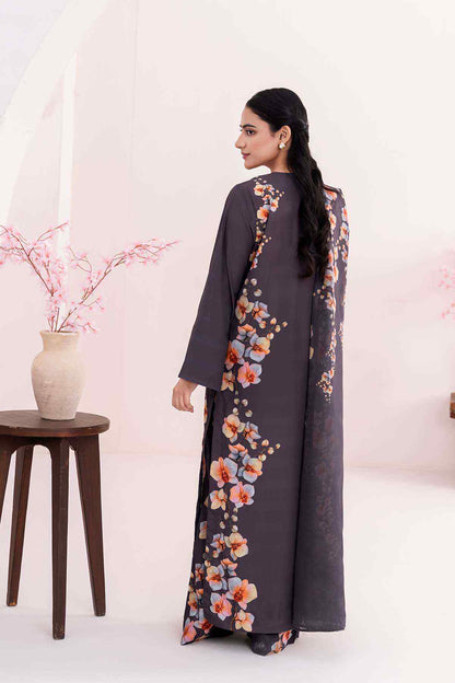 Dark long dress with floral back panel and long sleeves