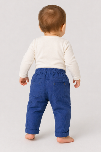 BABYSHOP baby blue pants from back view with elastic waist and two patch pockets