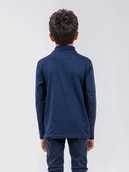Brumano navy cotton mock-neck long-sleeve top, back view