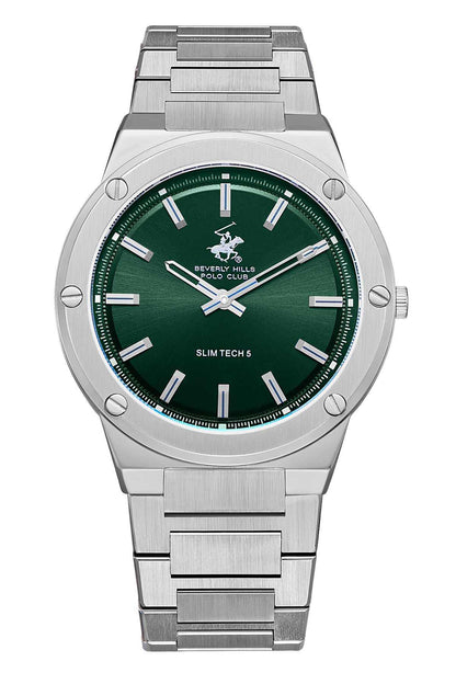 Silver metal wristwatch with green dial, baton hour marks, and three-hand analog face