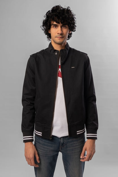 Black Levi's zip-front jacket with ribbed collar, cuffs, and hem trim