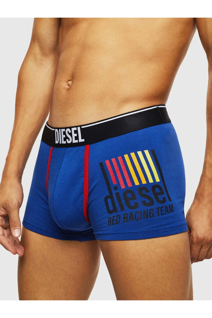 Blue boxer briefs with black waistband and red stripe graphic on thigh