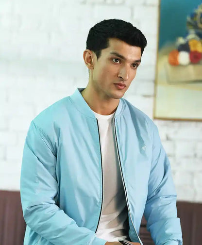 Light blue bomber jacket with stand collar and front zipper