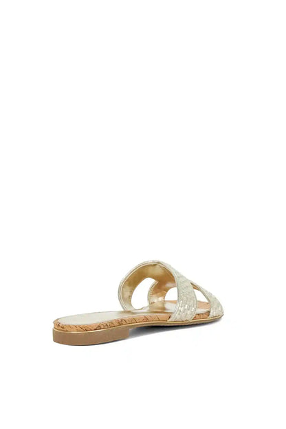 Dune London gold metallic woven slide sandal with open toe and thong strap