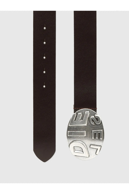 Brown leather belt with silver circular buckle and row of holes