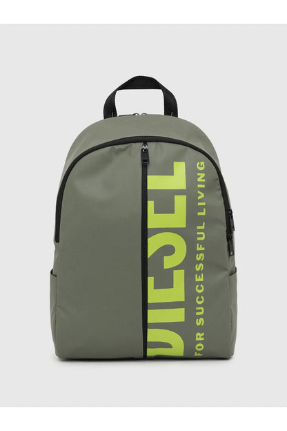 Olive green backpack with neon lime vertical lettering and black zip trim