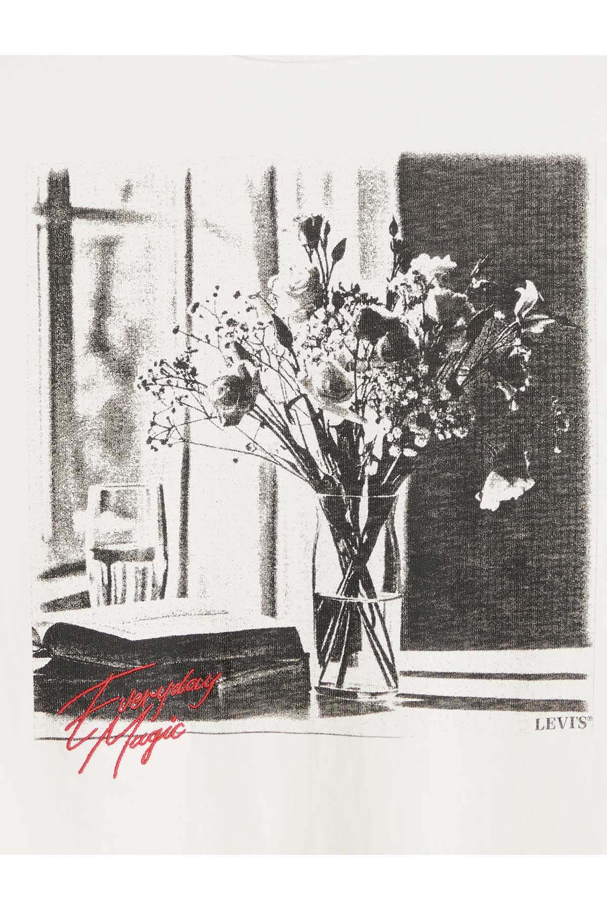 White T-shirt front graphic close-up: black-and-white bouquet with red script text
