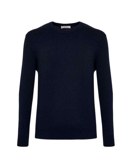 Dark blue crew-neck knit sweater with long sleeves